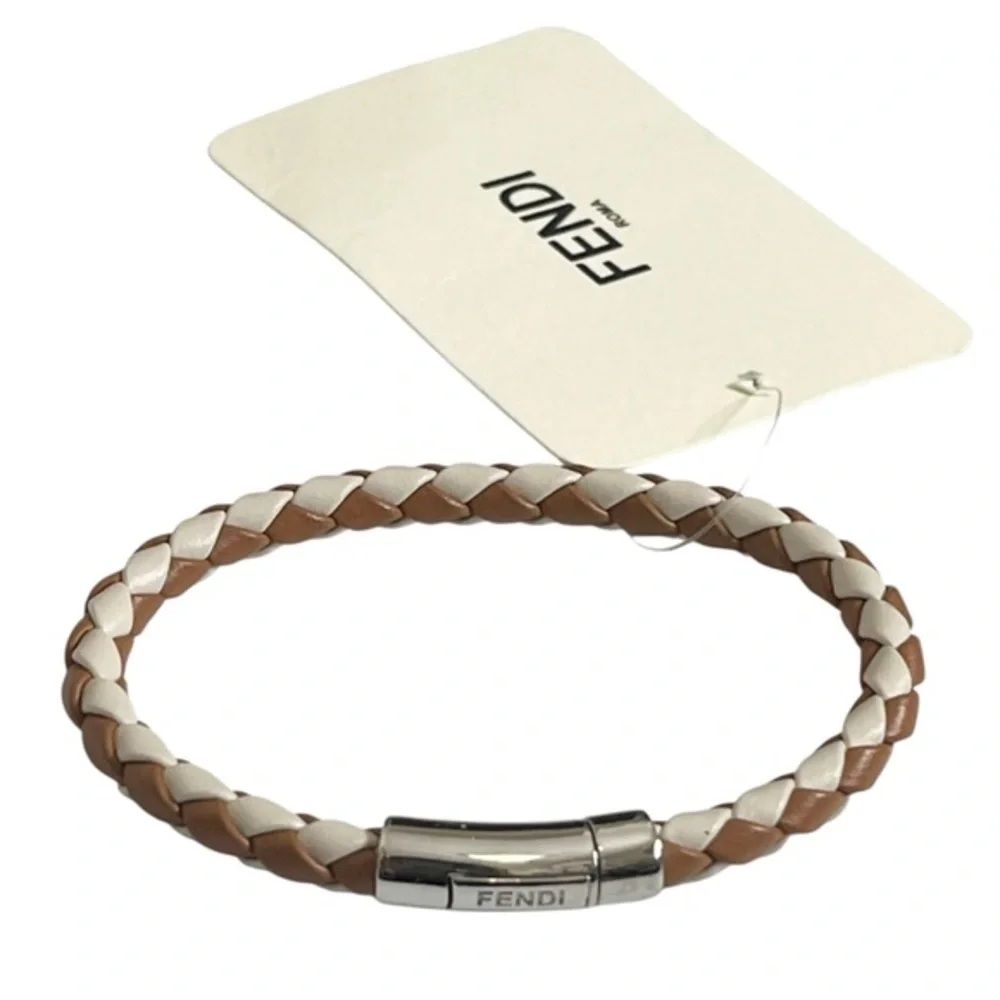 Fendi NWT Braided‎ Leather Bracelet Large Saddle Camelia Palladium Clasp